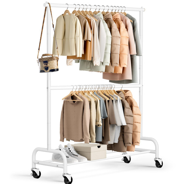 MISSLO Heavy Duty Clothing Racks for Hanging Clothes Rack Double Rod Garment Rack Rolling Closet Wardrobe on Wheels, Metal, Adjustable (White)