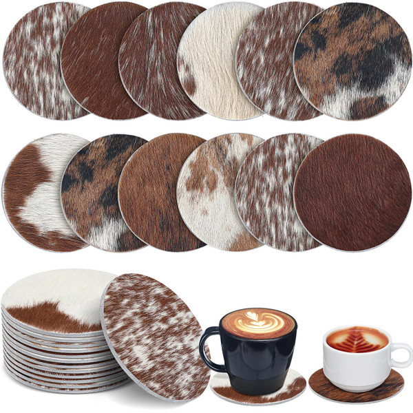 Hushee 12 Pcs Cowhide Coasters Round Natural Leather Cowhide Drink Coasters for Tea Cup Living Room Office Desk Decoration