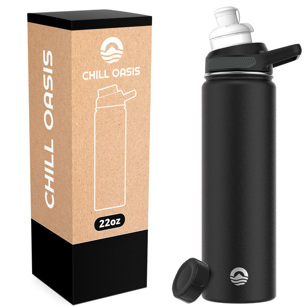 Chill Oasis Water Bottle | Compatible With Popular Flavor Cartridges | BPA Free, Leak Proof, Double-Walled Vacuum Insulated Stainless Steel, and Dishwasher Safe | Cold for 24 Hours (Black, 22oz)
