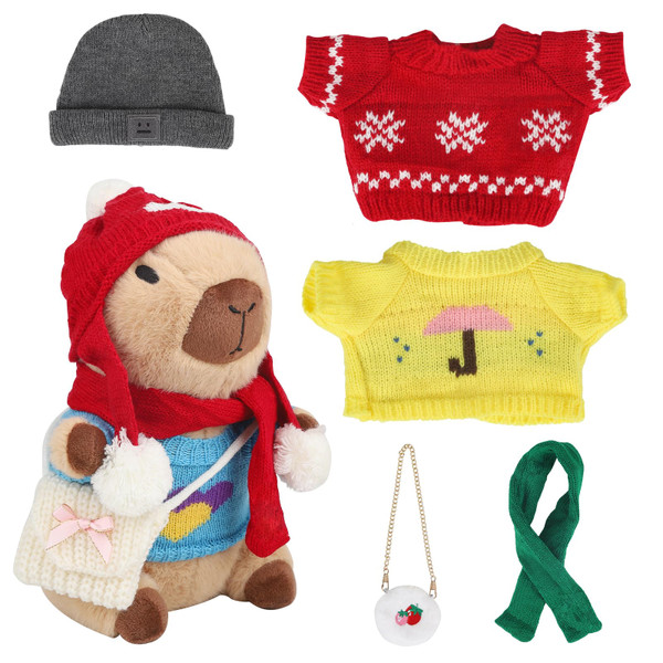 WAKSUN Capybara Plush with 10 Pcs Clothes & Accessories,Christmas Stuffed Animals, 10.2 in Cute Capybara Plush Toys,Birthday Gifts&Dress Up Cute Plushies for Boys/Girl Gifts (Christmas Yellow)
