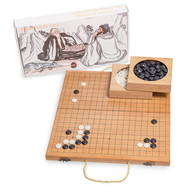 19 x19 Folding Go Game Set Board with and Bamboo Bowls and Imitation Jade Go Pieces。