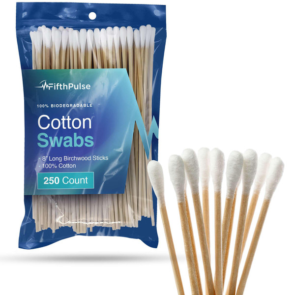 50 Biodegradable Long Cotton Swabs - 8 Inch Long Swabs for Ears - Made From Birchwood and 100% Cotton - Lint Free