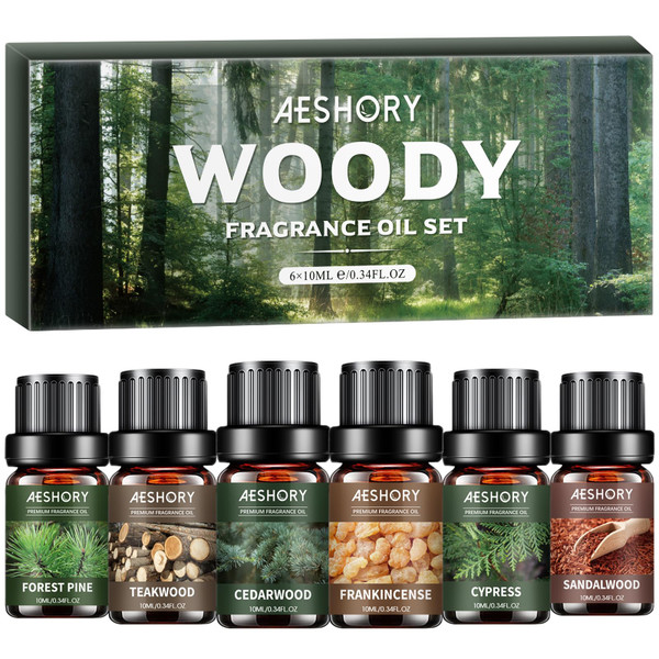 Woody Essential Oils Set - 6x10ML Woody Scents Fragrance Oil for Candle Making, Diffuser - Teakwood, Sandalwood, Cedarwood, Cyperss, Forest Pine, Frankincense Aromatherapy Oils