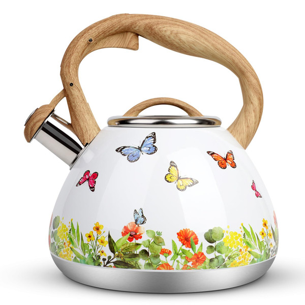 Tea Kettle, Toptier Teapot Whistling Kettle with Wood Pattern Handle Loud Whistle, Food Grade Stainless Steel Tea Pot for Stovetops Induction Water Kettle, 2.7-Quart Butterfly