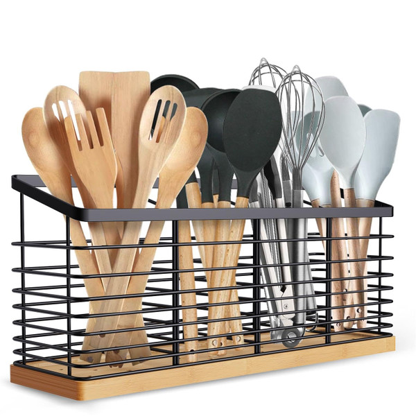 Suli Extra Large Kitchen Utensil Holder with 4 Compartments，Matte Black Metal holder with Wooden Base for Kitchen Countertop，Farmhouse Cooking Utensil Storage, Rustic Cooking Utensil