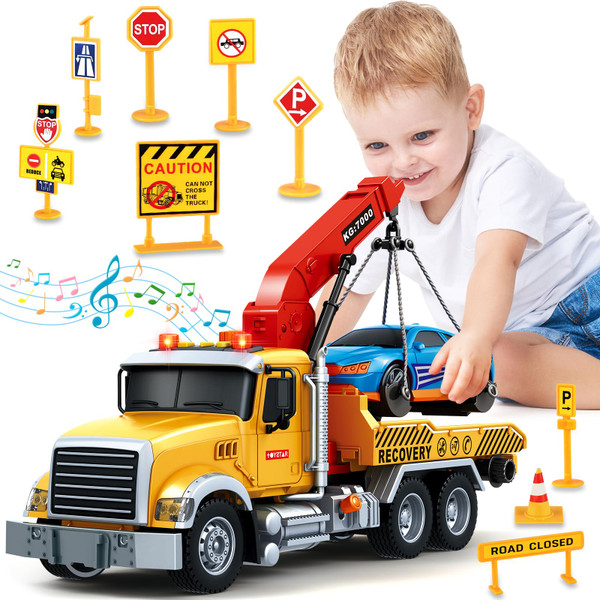SpringFlower 15" Large Tow Truck Toy, Toy for 3 4 5 6 Years Old Boy Toddlers, Truck Vehicle with Racing Car, Traffic Signs, Working Hook, Light Sound,Easter Basket Stuffers,Birthday Easter Gift