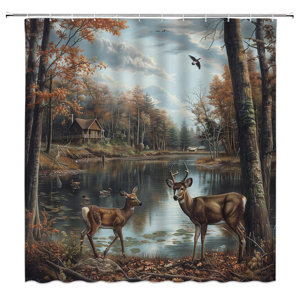 KTGHA Cabin Deer Shower Curtain Farmhouse Rustic Animals Lodge Wildlife Country Hunting Trees Lake Nature Polyester Fabric Bathroom Decor Set with Hooks(70" WX70 H)