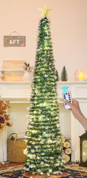 HMASYO 6 FT Pop Up Tinsel Christmas Tree with 100 LED Timer Lights & Remote, Collapsible Artificial Pencil Tree with Snowflake Ornaments Xmas Decoration for Home, Office, Party, USB Powered