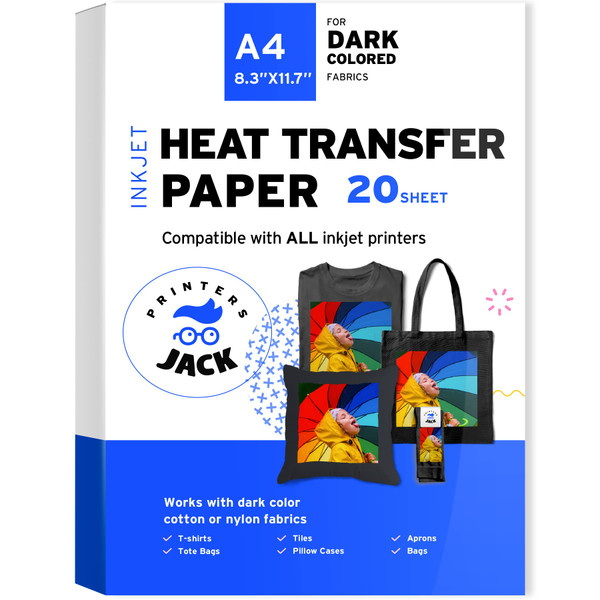 Printers Jack Iron-On Heat Transfer Paper for Dark Fabric 20 Sheet 8.3x11.7" T-Shirt Transfer Paper for Inkjet Printer Wash Durable, Long Lasting Transfer, No Cracking