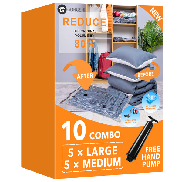 10 Pack Vacuum Storage Bags (5 x Large, 5 x Medium), Space Saver Sealer Compression Bags with Travel Hand Pump for Blankets, Comforters, Pillows, Clothes Storage