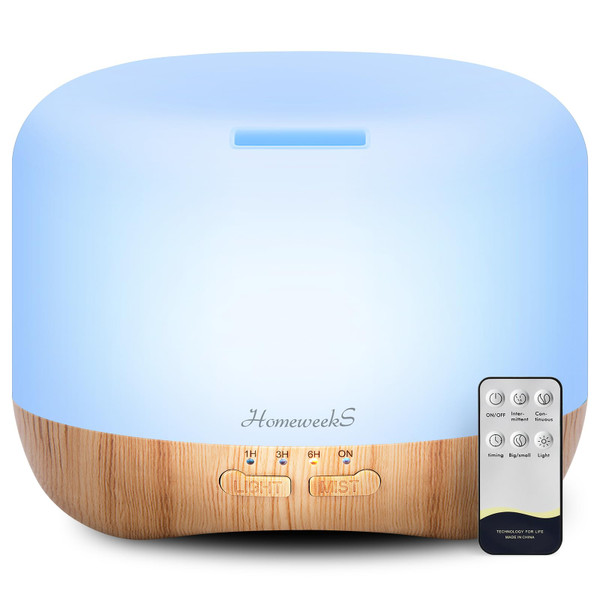 Homeweeks 300ml Essential Oil Diffuser, Quiet Aromatherapy Mist Diffusers for Essential Oils, Wood Grain, Ultrasonic, Remote Control, Timer, 7 Colors Light for Bedroom (300ml)