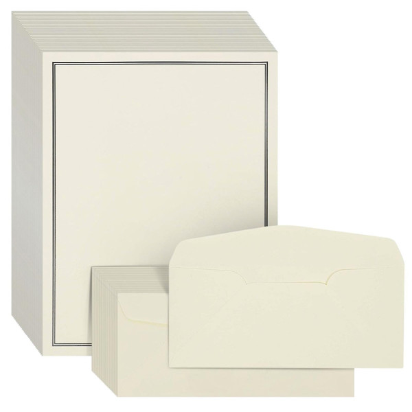 Premium Stationery Paper Set with Envelopes (Ecru and Black 48-Pack)