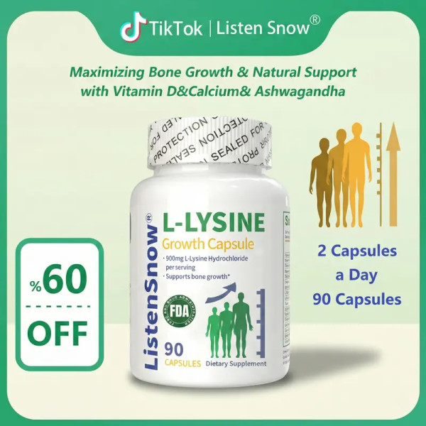 Listen Snow Growth Capsules - L-LYSINE &amp; Calcium Blend for Enhanced Bone Development and Stature Support - Natural Supplement