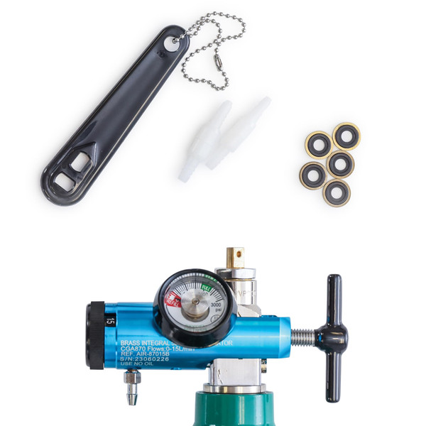 AireMed Oxygen Regulator 0-15LPM, CGA-870 Gauge Flow Rate – Includes Wrench Key, 5 Brass Yoke Washer Seals, and 2 Oxygen Tubing Swivel Connectors - Ergonomic Handle Design – Blue