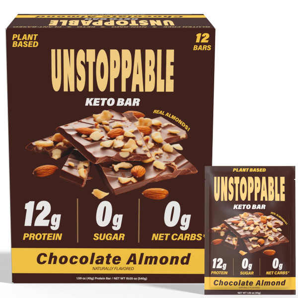 UNSTOPPABLE Vegan Protein Bars, High Protein, Plant Based, Gluten Free, High Fiber, Low Carb, Low Calorie, Healthy Snacks, No Sugar, Keto Energy Bar, Chocolate Almond, 12 Count UNSTOPPABLE Vegan Protein Bars, High Protein, Plant Based, Gluten Free, High Fiber, Low Carb, Low Calorie, Healthy Snacks, No Sugar, Keto Energy Bar, Chocolate Almond, 12 Count