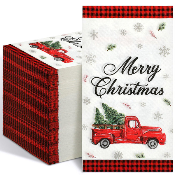 Geyoga 100 Pcs Christmas Disposable Guest Napkins Decorative Napkins Classic Red White Christmas Tree Truck Hand Towel for Xmas Party Kitchen Bathroom Lunch Dinner Table
