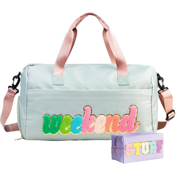whqhup Weekender Bags for Women, Sleepover Overnight Bag with Shoe Compartment, Duffel Bag, Weekend Gym Bag, Hospital Personal Item, 2pcs Stuff Chenille Letter Preppy, Green, Pink