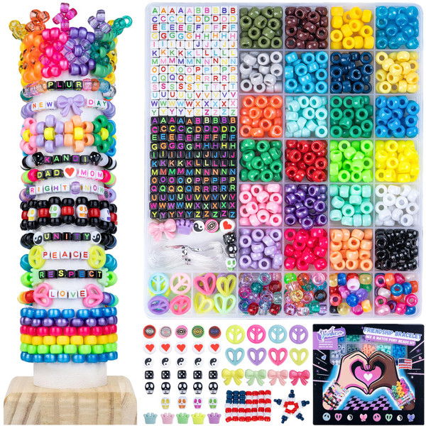 Deinduser Kandi Beads Kit, Pony Beads for Bracelet Making, Pony Beads Kit with Letter Beads, Peace Beads, Skull Beads, Heart Beads, Beads for Jewelry Making, Jewelry Making Kit for Adults&Kids