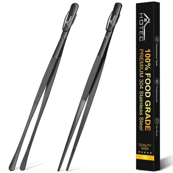 HOTEC Kitchen Tweezers Tongs Stainless Steel Professional Chef Tweezers, Set of 2-12inch Extra-Long Food Tongs for Cooking,Grill and Baking