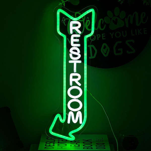 Alkkign Restroom Neon Sign for Wall Decor Toilet Neon Light Arrow Led Neon Lights White Green Led Neon Signs for Hotel Bar Hospital Mall Store Office Decoration(16.9”*6.3”)