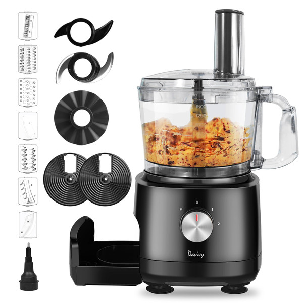 Davivy 7 Cup Food Processor, 10 Functions Built-in Storage Drawer Vegetable Chopper with 10 set blades,French fry cutting,Wavy slicing for Home Use,2-Speed & PULSE, Black,600W (Black II)