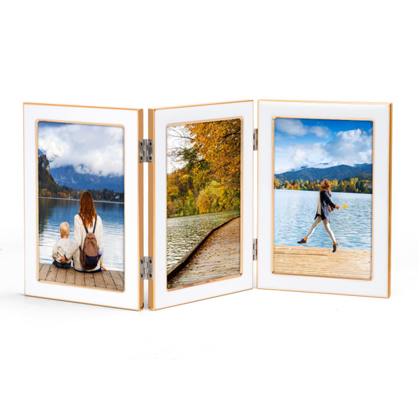 Lavezee 4x6 Trifold Picture Frame, Vertical White Hinged Frames Made to Display Three 4 by 6 inch Wedding Photos for Wall or Tabletop Decor