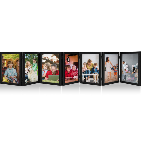 Sintuff 7 Pictures 5 x 7 Frame Folding Hinged Picture Frames Foldable Photo Frames High Definition Natural Wood Collage Picture Rustic Desktop Acrylic Frame for Family Wall Decor Black