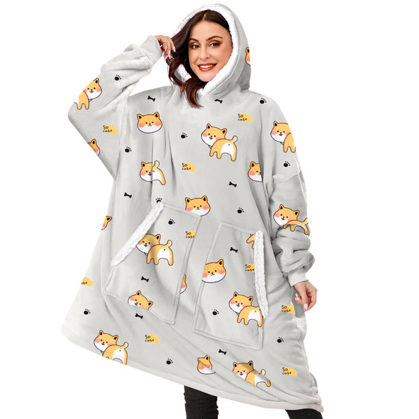 BINSUNS Oversized Wearable Hoodie Blanket, Soft Fuzzy Microfiber & Sherpa Wearable Blanket Sweater with Giant Pocket - One Size Fits All for Adult Women Men(Puppy)