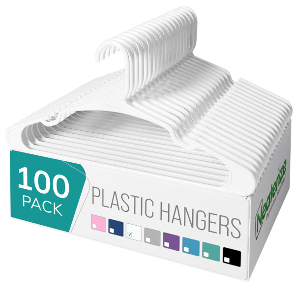 NEATERIZE Clothes Hangers Plastic 100 Pack For Adults - Plastic Hangers, The Perfect Coat Hanger and Space Saving Clothes Hangers for Closet, Percheros Ganchos para Colgar Ropa Hangars - White Hangers