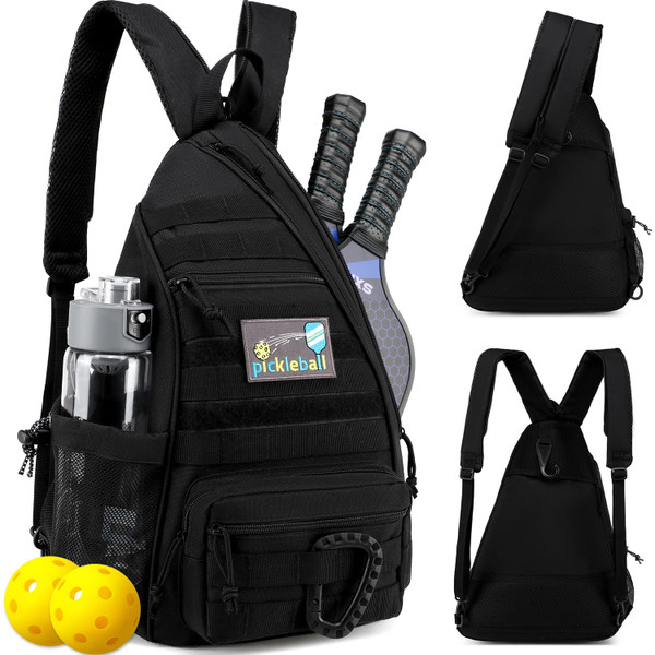 SunForMorning Pickleball Bag, Tactical Pickleball Backpack for Women Men, Adjustable Sling Bag with Fence Hook Water Bottle (Includes 2 Patches+1Carabiner), Black