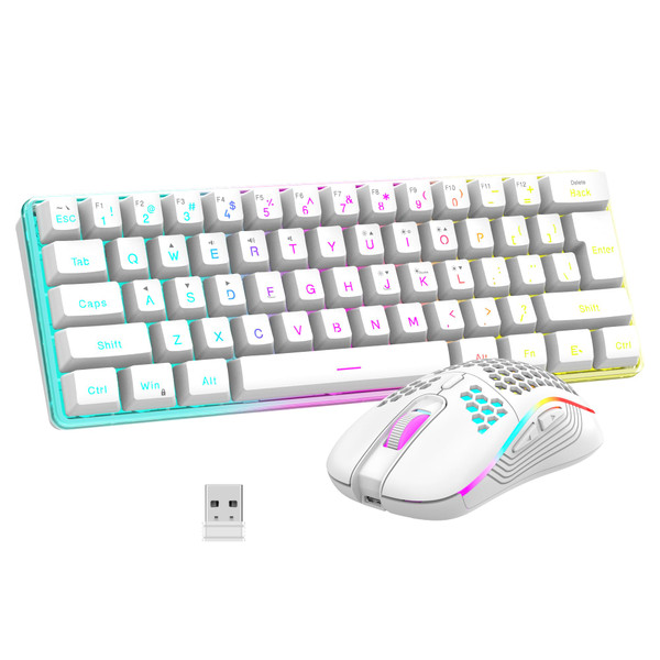 RedThunder 60% Wireless Gaming Keyboard and Mouse Combo, 2500mAh Rechargeable Battery, Ultra-Compact Small RGB Mechanical Feel Keyboard, Lightweight Honeycomb Optical Mouse for Gaming/Business, White