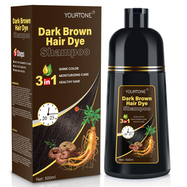 YOURTONE Dark Brown Hair Dye Shampoo 3 IN 1, Hair Color Shampoo for Gray Hair Coverage for Women Men, Herbal Formula with Ammonia-free Ingredients, Lasts up to 30 Days (16.9 Fl Oz)