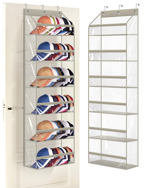 AOODA Clear Over the Door Hat Racks for Baseball Caps, Large Holds up to 72 Caps Hat Storage Organizer for Closet Wall, Deep Pockets Hanging Snapback Holder Shelves with 3 Hooks, Grey