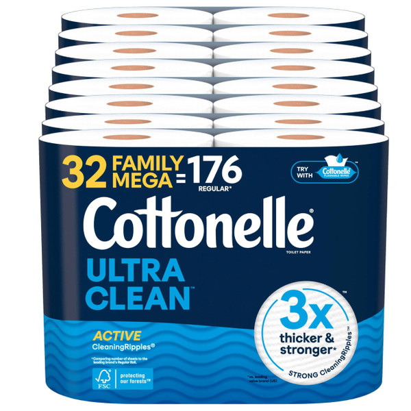 Cottonelle Ultra Clean Toilet Paper with Active CleaningRipples Texture, Strong Bath Tissue, 32 Family Mega Rolls = 176 Regular Rolls (8 Packs of 4)