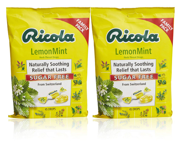 Ricola Sugar Free Lemon Mint Herbal Cough Suppressant Throat Drops, 45ct Bag (Pack of 2)