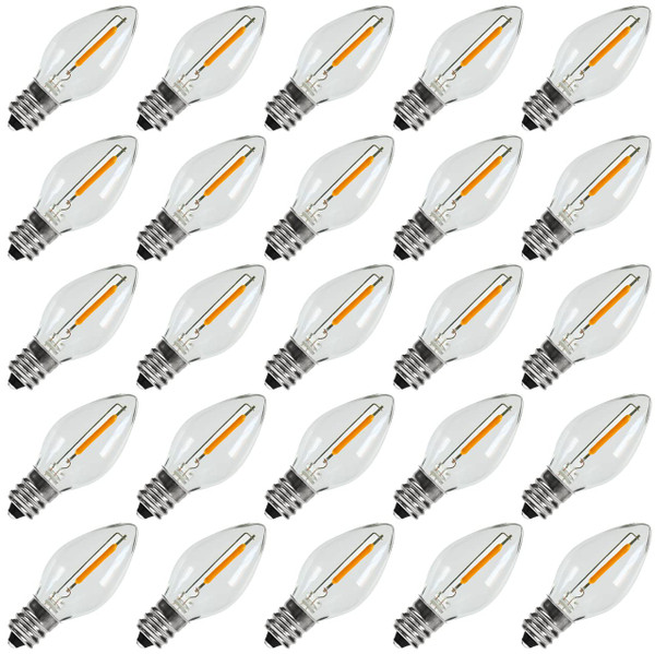 KGC 25Pack C7 LED Christmas Light Bulb, E12 Base LED Bulbs, 0.6W 2200K Warm White 50LM, Clear Plastic Night Lights C7 Replacement Bulbs for Christmas String Lights.