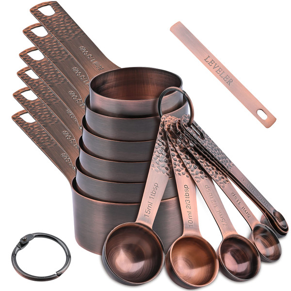 Smithcraft Copper Measuring Cups and Spoons Set, Stainless Steel Copper Plated 6 Metric & US Measuring Cups & 7 Spoons with Leveler for Baking & Kitchen