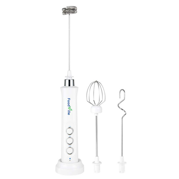 FoodVille MF09 3 in 1 Rechargeable Milk Frother Handheld Foam Maker with Charging Stand & 3 Stainless Steel Whisks (White without Case)