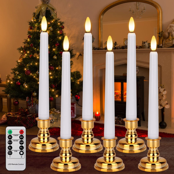 FREEPOWER 6PCS Flameless Window Candles with Gold Candle Holders, Battery Operated White Taper Candle with 4H/6H Daily Timer, Special Flickering Window with Remote for Christmas Wedding&Home Decor