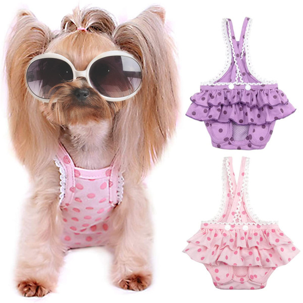 2 Pieces Washable Female Diapers with Suspender Comfort Reusable Doggy Diapers Reusable Puppy Sanitary Panties Dog Underwear Diaper for Small Girl Dogs in Period Heat (Pink&Purple,S)