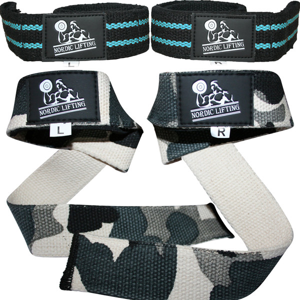 Lifting Straps (2 Pairs/4 Straps) for Weightlifting, Cross Training, Workout, Gym, Powerlifting, Bodybuilding-Support For Women & Men -Avoid Injury- (Aqua Blue & Camo Grey) - 1 Year Warranty