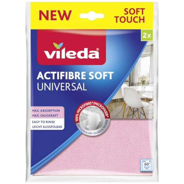 Vileda Actifaser Multi-Use Cloths for Streak-Free Cleaning, Pack of 1 (1 x 2 Pieces)