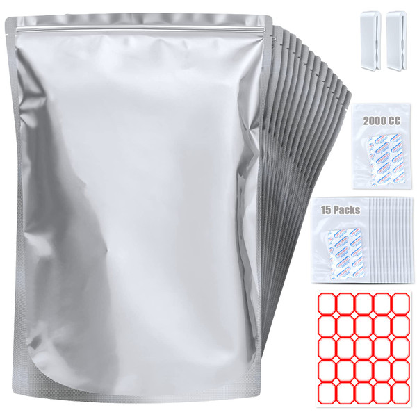 15 Pack 5 Gallon Mylar Bags with Oxygen Absorbers - 10.5 Mil Mylar Bags for Food Storage with 15 Single Sealed 2000cc Oxygen Absorbers & Labels & Clips - for Long Term Food Storage 15 Pack 5 Gallon Mylar Bags with Oxygen Absorbers - 10.5 Mil Mylar Bags for Food Storage with 15 Single Sealed 2000cc Oxygen Absorbers & Labels & Clips - for Long Term Food Storage