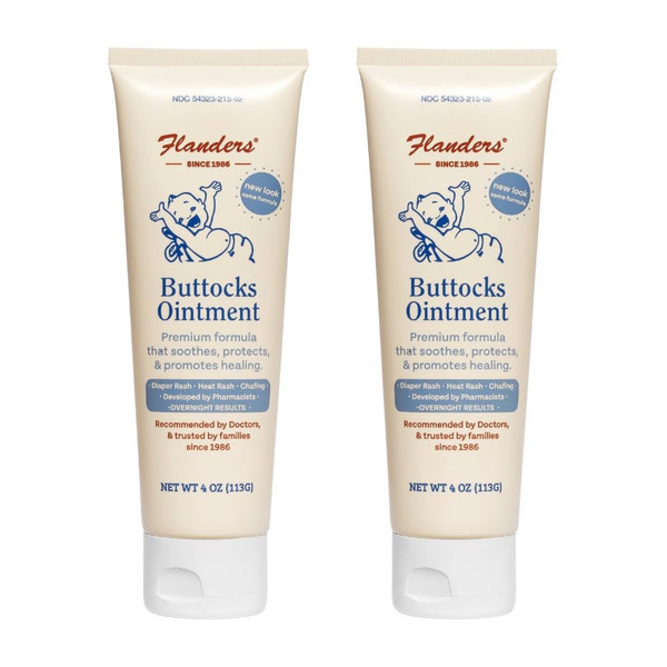 Flanders Buttocks Ointment - Diaper Rash Cream for Treatment & Prevention, Pharmacist Developed, Heat Rash & Chafing in Infants to Adults, Instant Relief (2 Pack of 4oz Tubes)