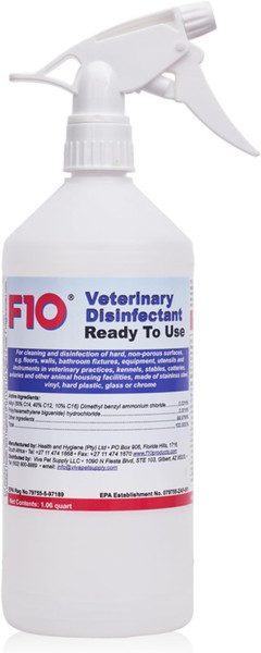 F10 Ready To Use All Purpose Disinfectant for Kennels, Litter Box, Cage, Terrariums, Habitats, Vet Practices - 1 Liter (1.06qt)