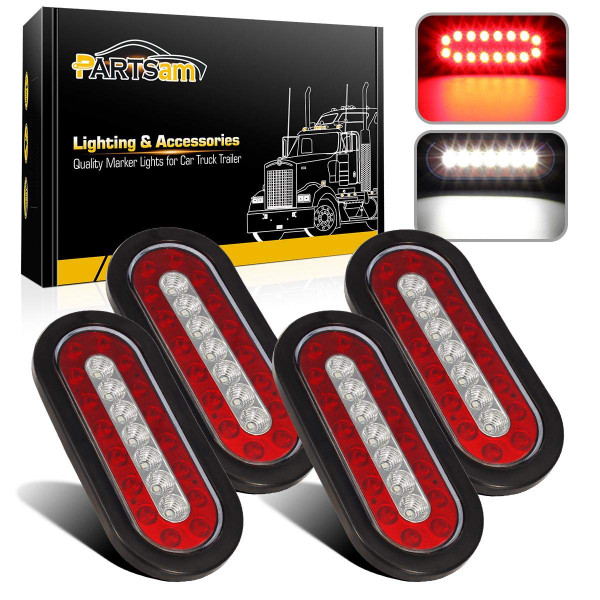 Partsam 4Pcs 6.3" Inch Oval Led Trailer Taillights Stop Brake Lights Running Red and White Backup and Reverse Lights, Sealed 6.3 inch Oval led Trailer Lights Kit Grommet Mount for RV Trucks