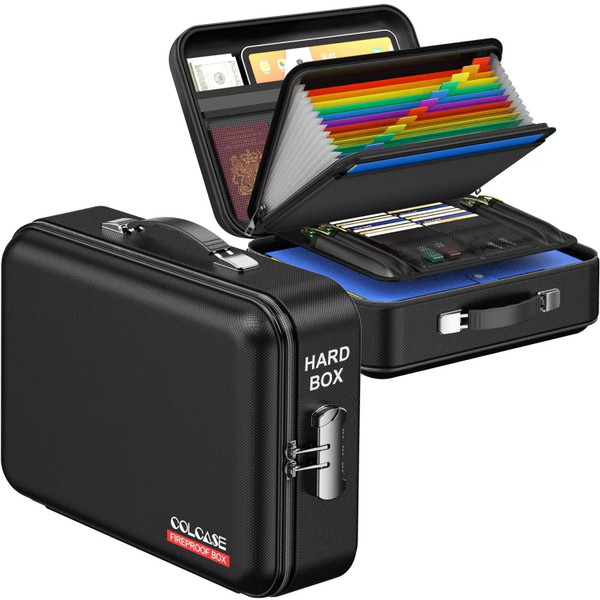 COLCASE Fireproof Document Box, Hard Case Fireproof Box with Lock Hard-Shell Design Fireproof Water Resistant Safe Box File Organizer for Important Documents Certificates Laptop Passports Black COLCASE Fireproof Document Box, Hard Case Fireproof Box with Lock Hard-Shell Design Fireproof Water Resistant Safe Box File Organizer for Important Documents Certificates Laptop Passports Black