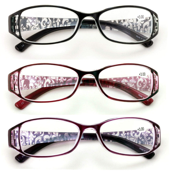 V.W.E. 3 Pairs Women Rectangular Floral Readers - Fashion Reading Glasses Magnification (3 Pairs (Black/Maroon/Purple), 2.50)