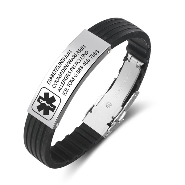 Ashleymade Free Engraving Silicone Adjustable Medical Bracelets Sport Emergency ID Bracelets for Men Women Waterproof Stainless Steel Medic Alert Bracelets for Adults (ID engraving)