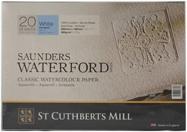 ST CUTHBERTS Mill Saunders Waterford, Fine Art Watercolor Paper, Cold Pressed (NO), 300gsm, 1 Pad Paste on Side, 12x9, White, 12 Sheets